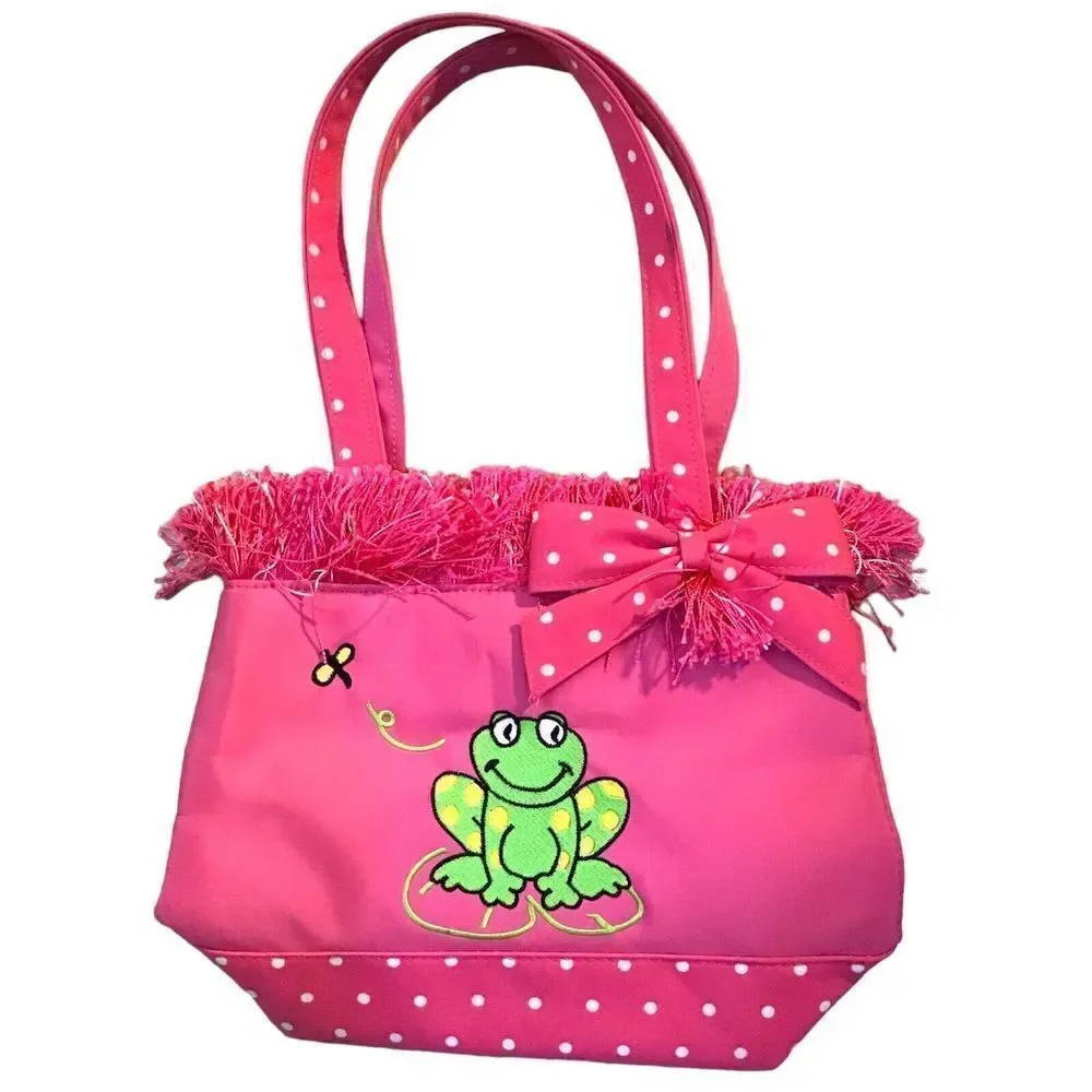 Pink Frog Tote Bag | Kids Purse | Polka Dots & Bow | Cute Girls Bag